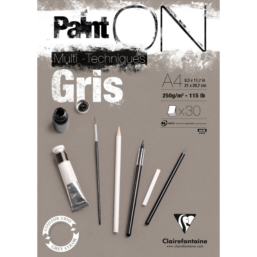 Paint'on - Peinture sur Gris A4 250g  30S 21x29.7cm CLAIREFONTAINE