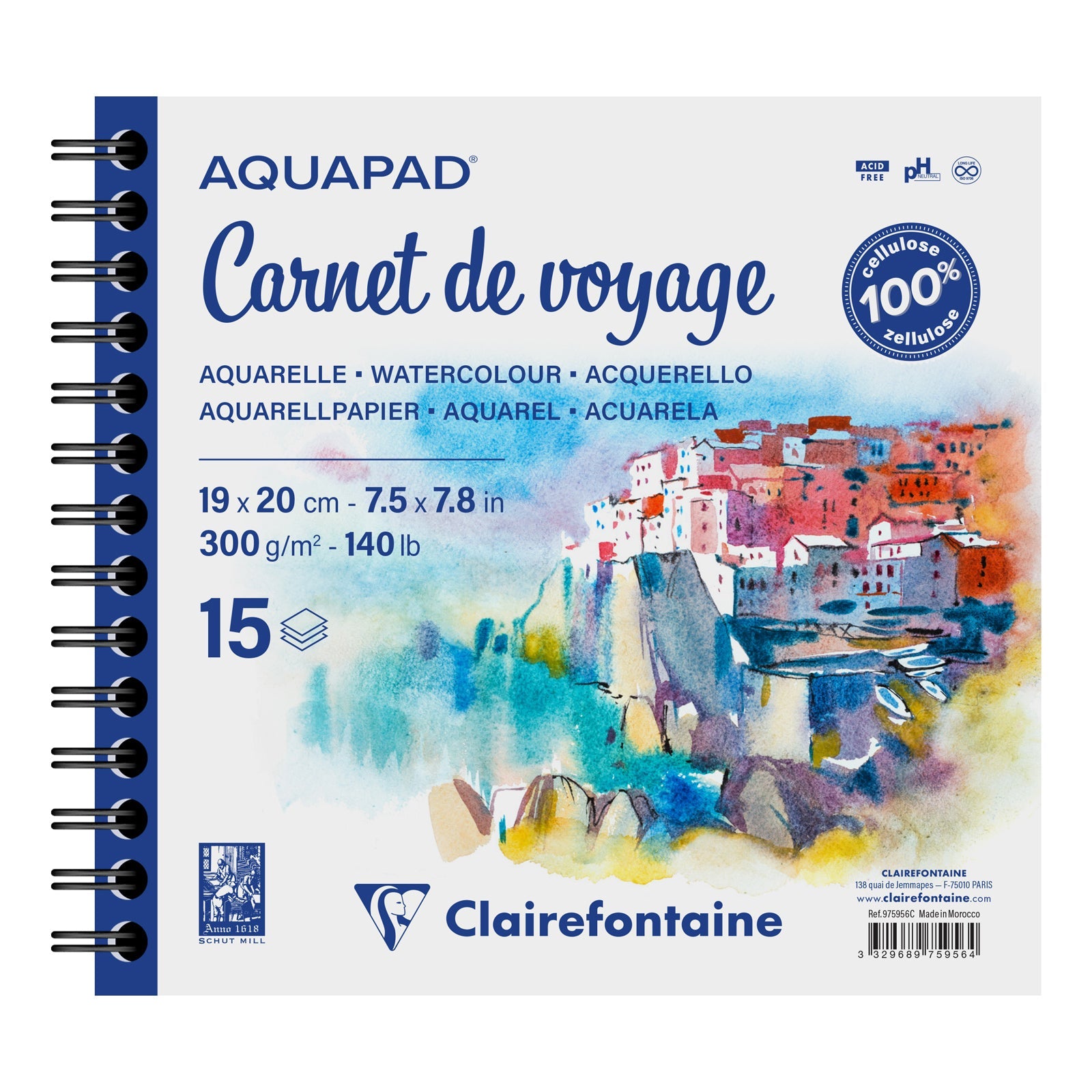 Aquarelle à reliure spirale 300G 19X20Cm 15Sh Gf L CLAIREFONTAINE