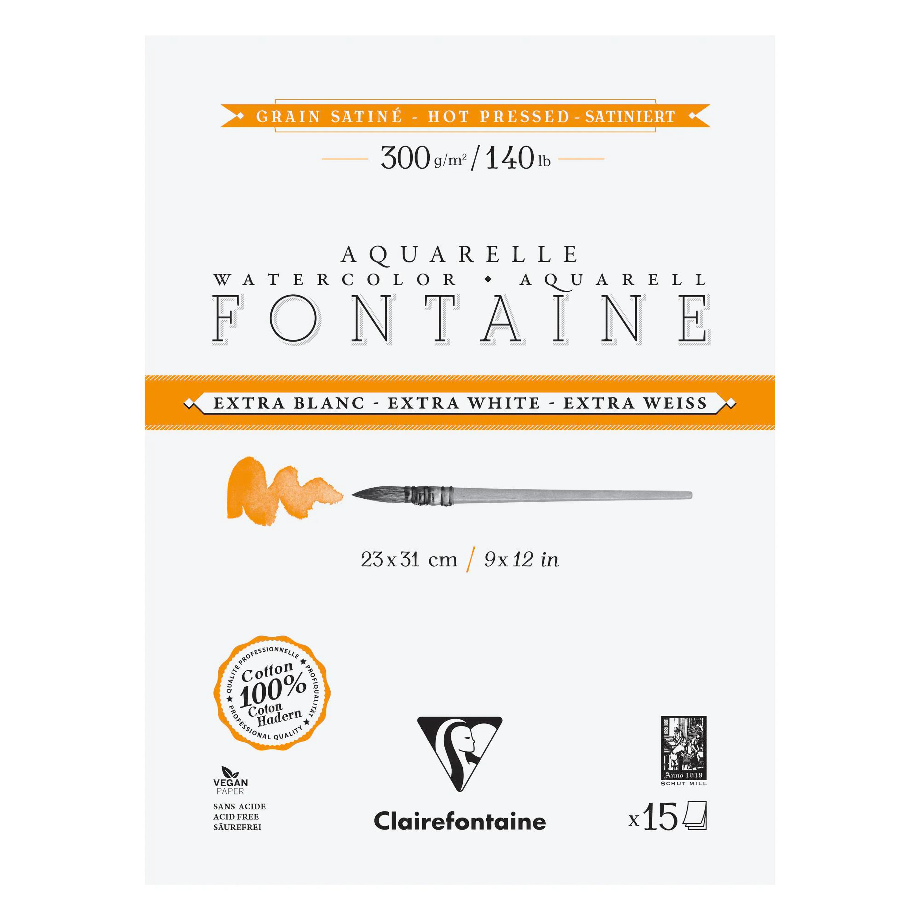 Watercolour Glued Pad 4 sides Fontaine Extra White Satin15p 300gr 9 x 12,2 in