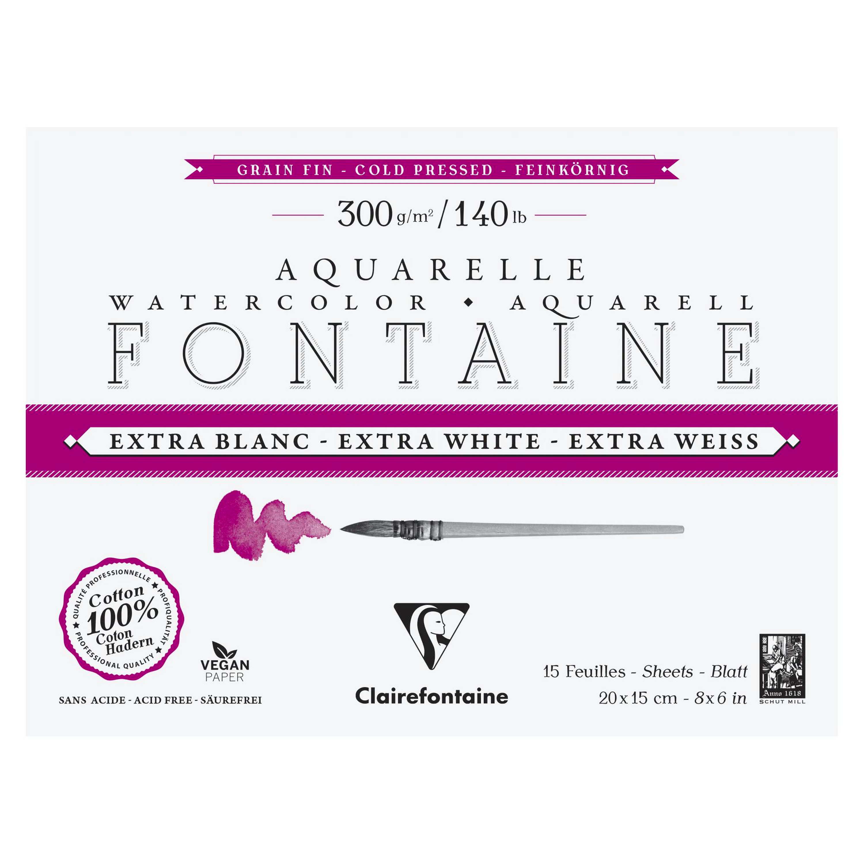 Watercolour Glued Pad 4 sides Fontaine Extra White Fine Grain15p 300gr 7,9 x 6 in