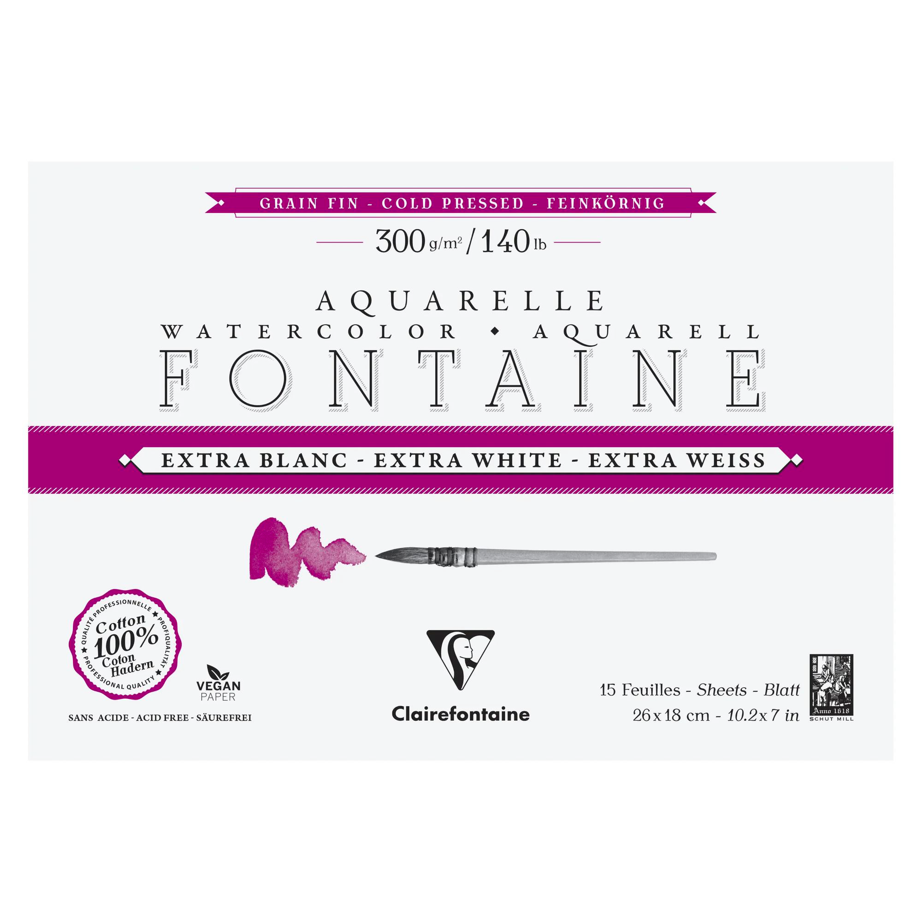 Watercolour Glued Pad 4 sides Fontaine Extra White Fine Grain15p 300gr 10,2 x 7 in