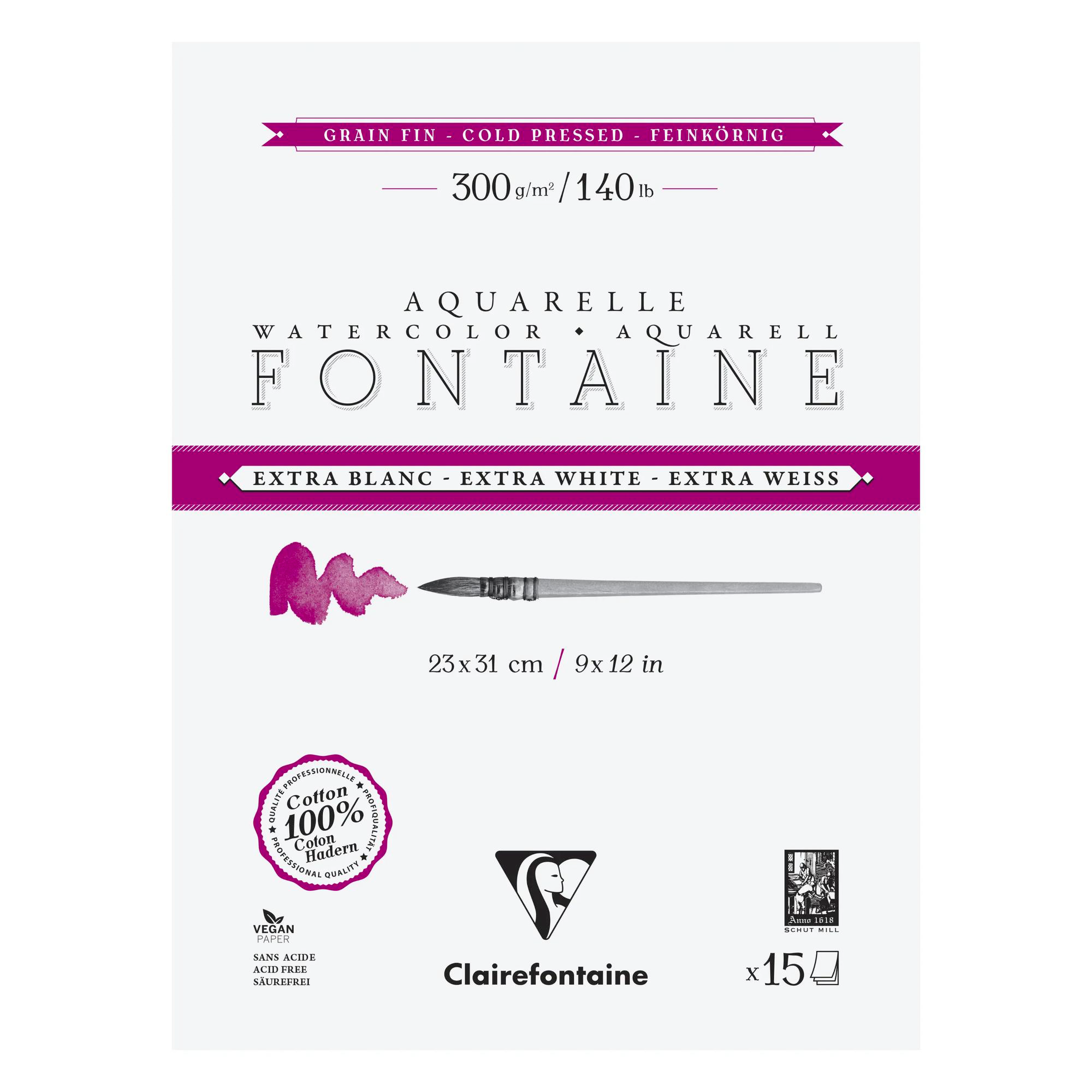 Watercolour Glued Pad 4 sides Fontaine Extra White Fine Grain15p 300gr 9 x 12,2 in