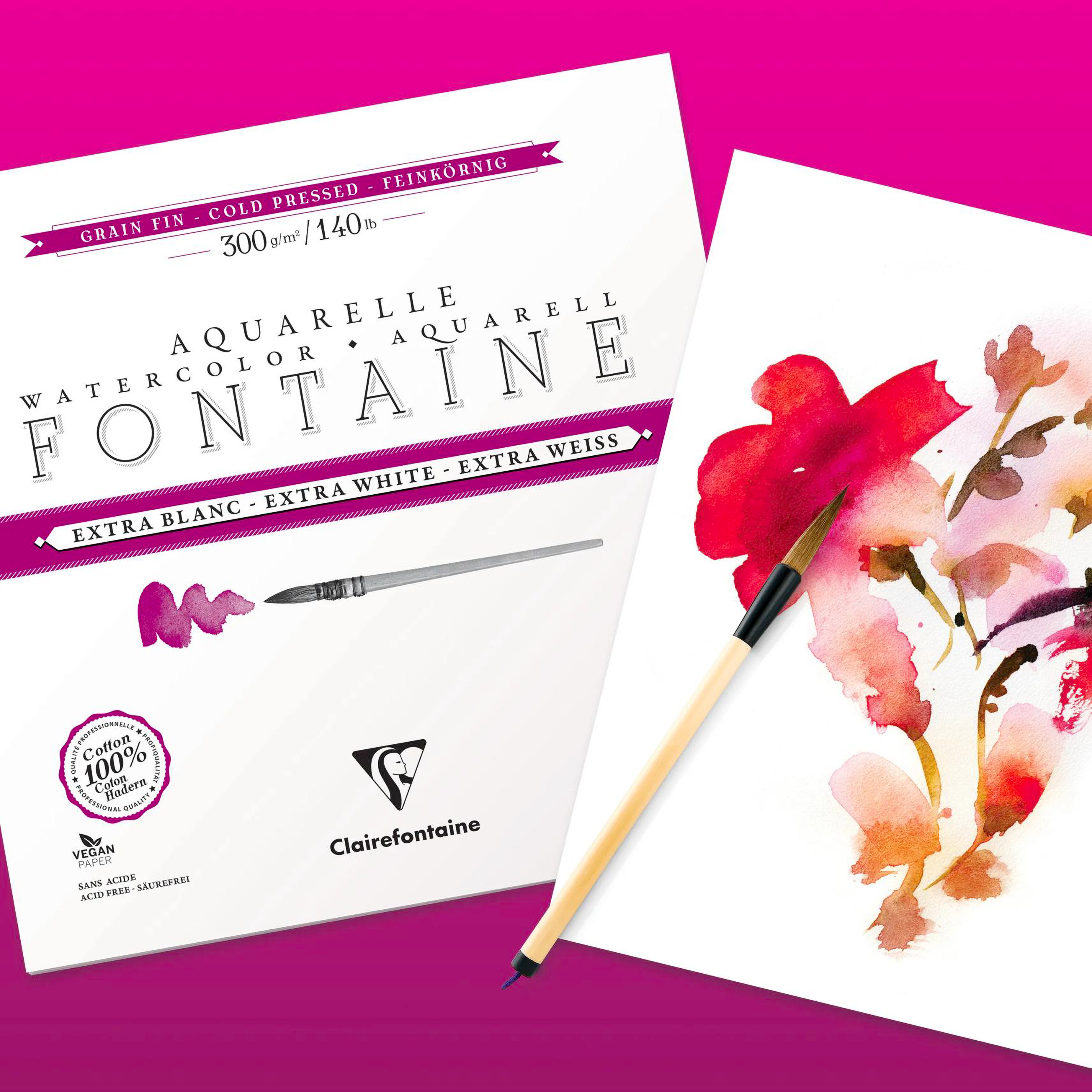 Watercolour Glued Pad 4 sides Fontaine Extra White Fine Grain15p 300gr 9 x 12,2 in