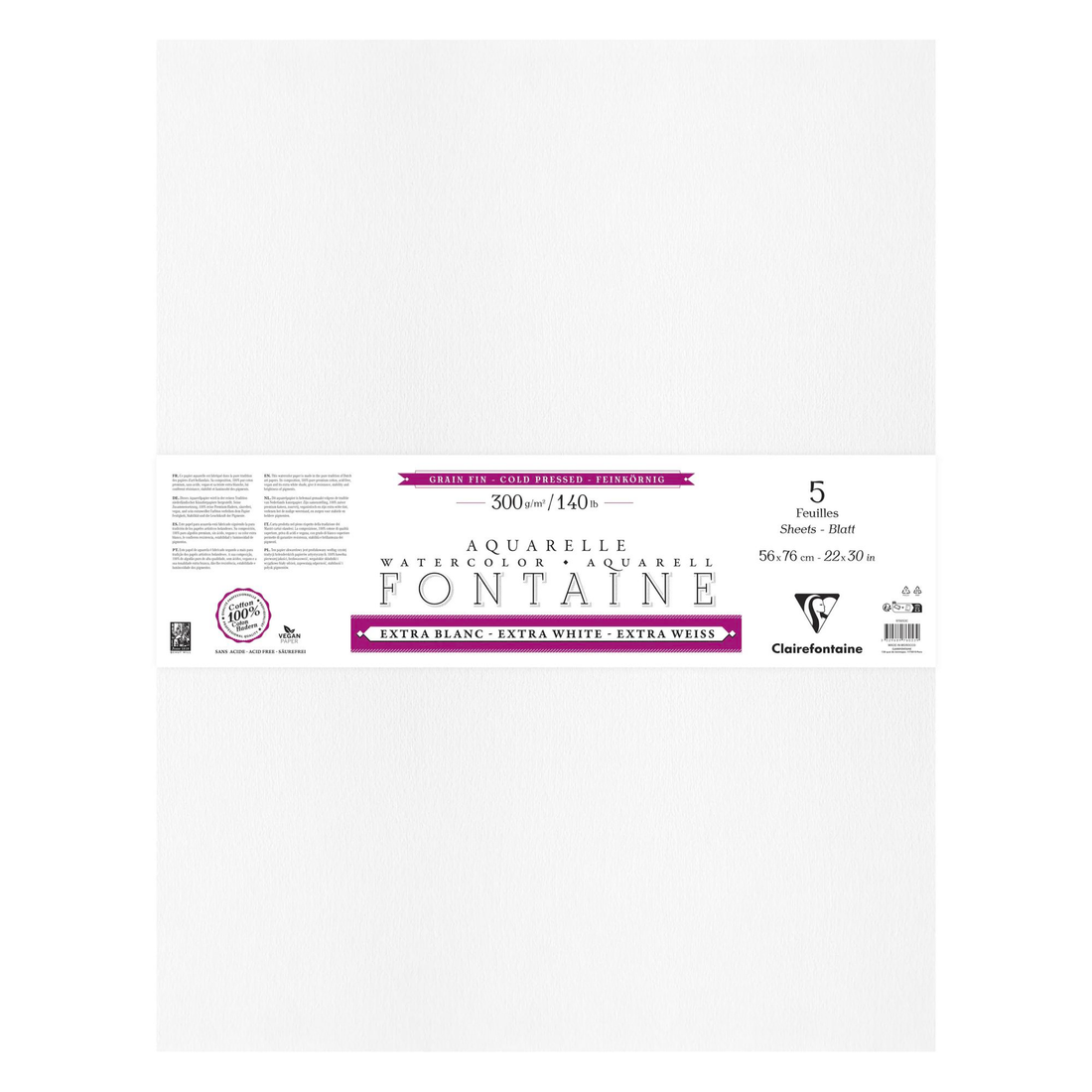 Watercolour Pad Pack of 4 Deckle-edge Sheets Fontaine Extra White Fine Grain 5p 300gr 22 x 30 in