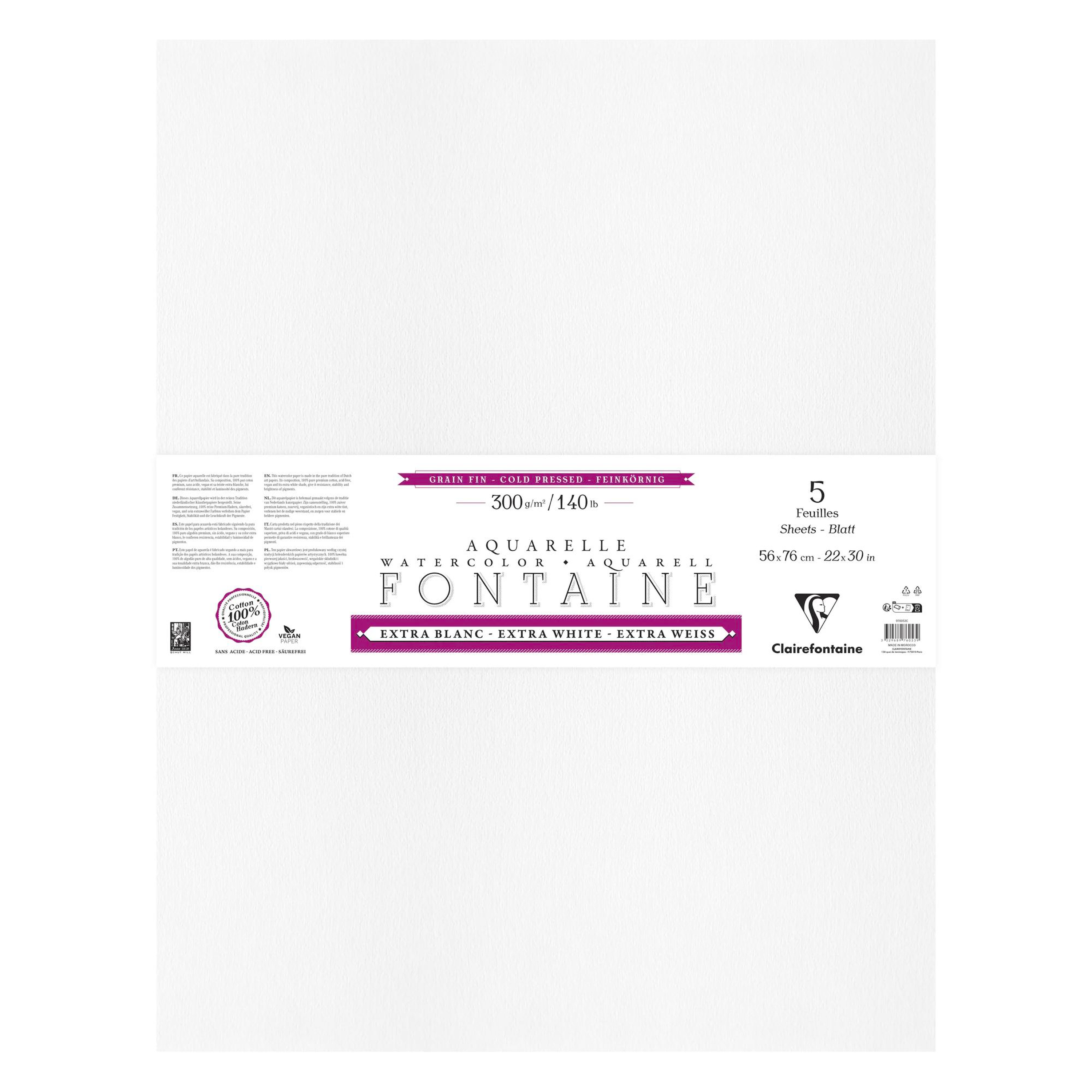 Watercolour Pad Pack of 4 Deckle-edge Sheets Fontaine Extra White Fine Grain 5p 300gr 22 x 30 in