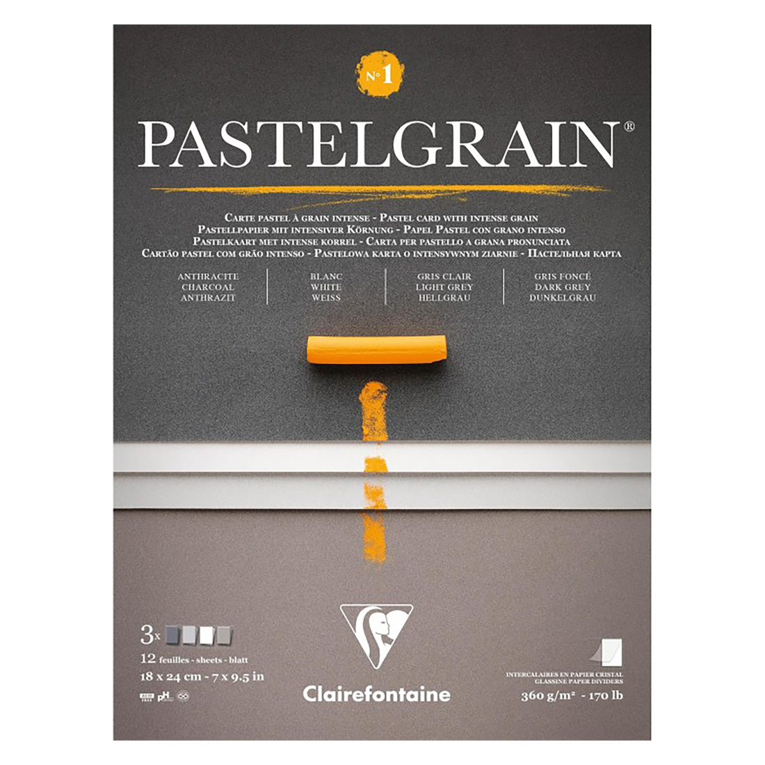 Bloc collé PastelGrain n°1 18x24cm 12F 360g assorti teintes grises CLAIREFONTAINE