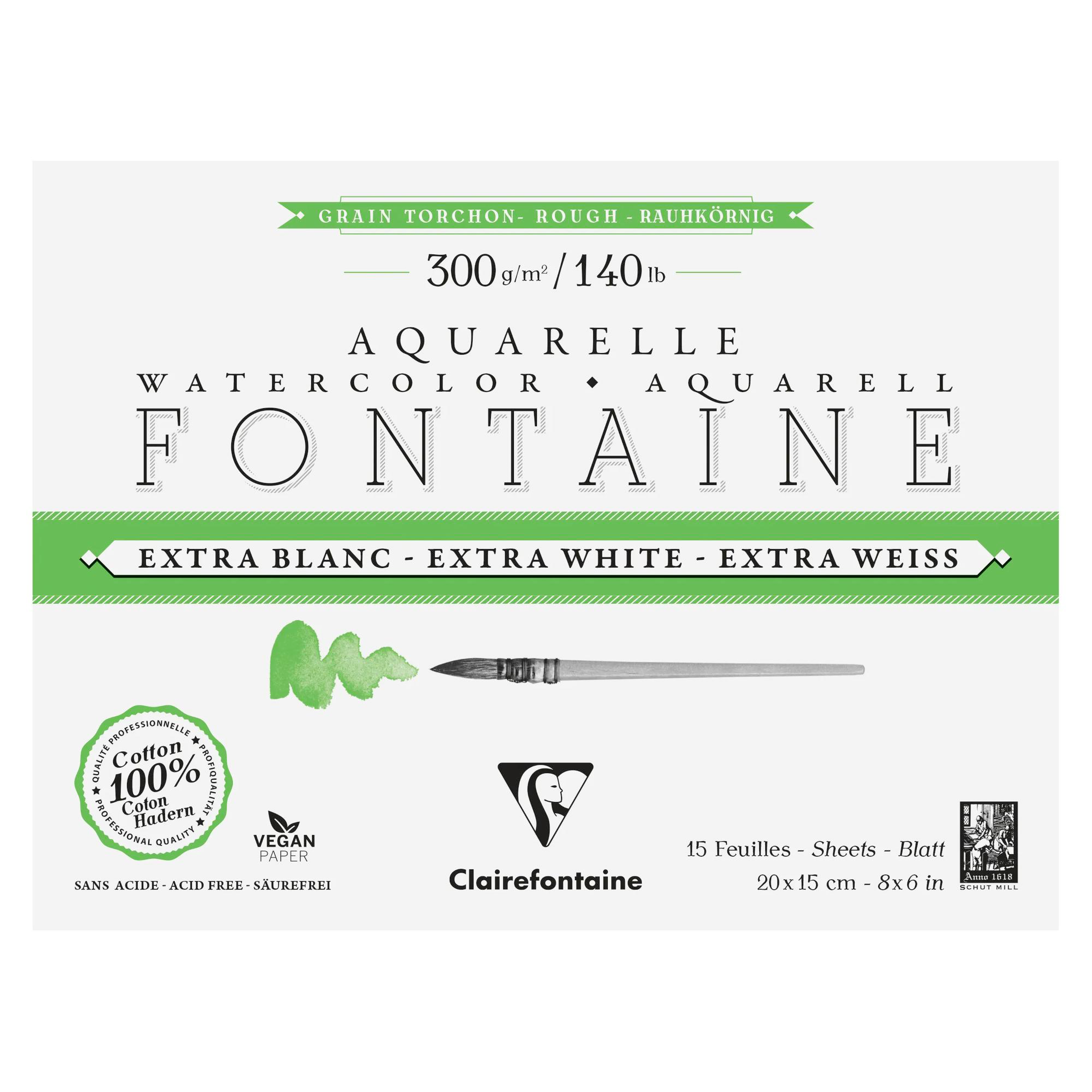 Watercolour Glued Pad 4 sides Fontaine Extra White Rough Texture 15p 300gr 7,9 x 6 in