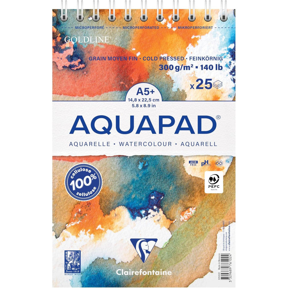 Bloc à dessin à reliure spirale AquaBloc A5+ 25F 300G CLAIREFONTAINE