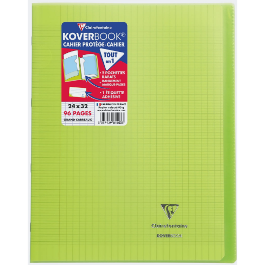 Koverbook cahier polypro agrafé seyès -vert- 96 pages (24x32cm) CLAIREFONTAINE