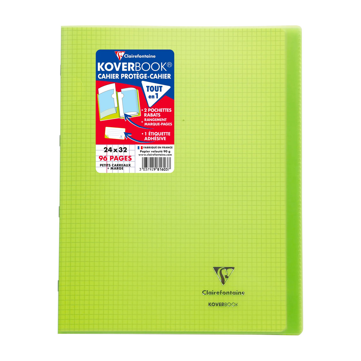 Cahier Koverbook quadrillé marge + polypro transparent vert agrafé 96 pages (24 x 32 cm) - CLAIREFONTAINE