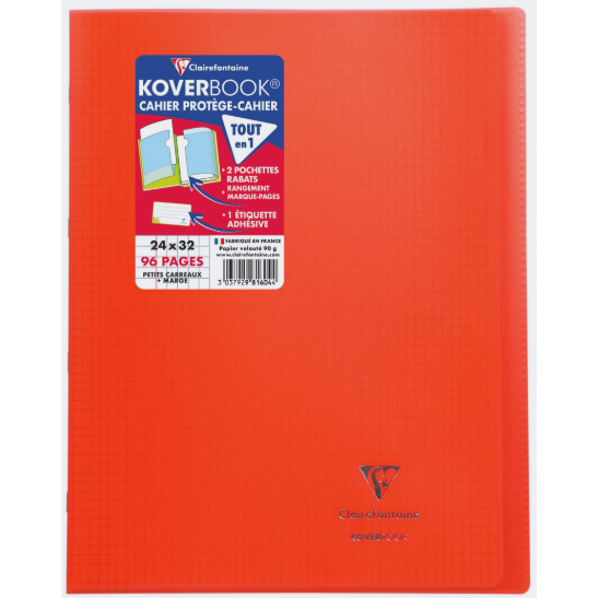 Koverbook cahier polypro agrafé 5/5+M -rouge- 96 pages (24x32cm) CLAIREFONTAINE
