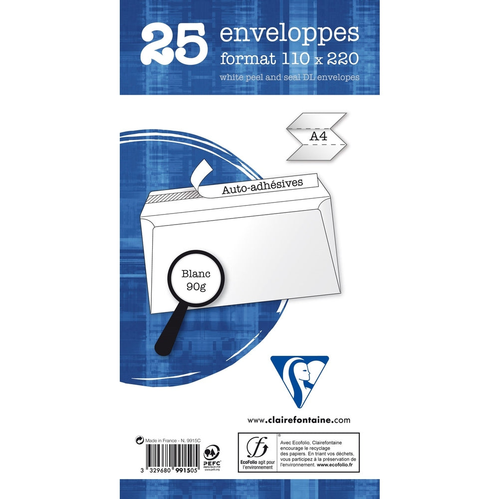 Enveloppes Peler et sceller pqt: 25.   Blanc Dl 4¼X8¾ CLAIREFONTAINE