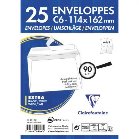 Enveloppes Peler et sceller pqt: 25.   Blanc C6 4½X6½ CLAIREFONTAINE