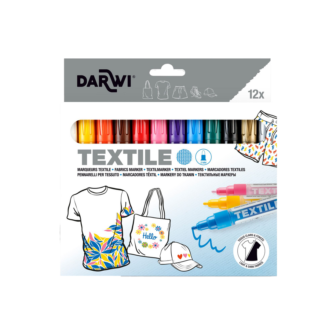 darwi textile opak marqueur – pointe 2 mm – 6 ml   set 12 x 6 ml DARWI