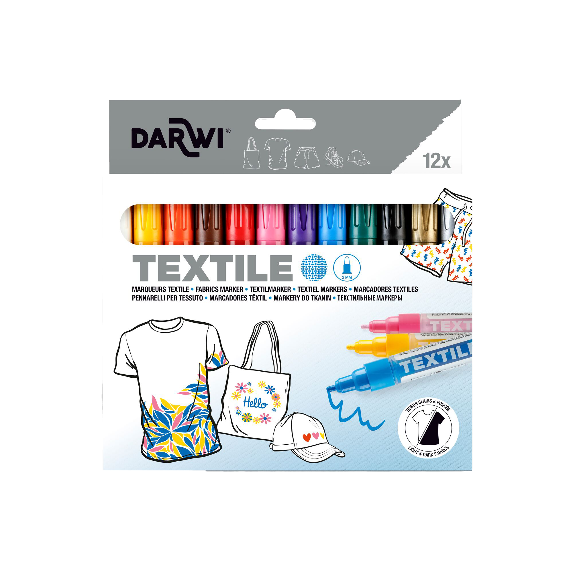 darwi textile opak marqueur – pointe 2 mm – 6 ml   set 12 x 6 ml DARWI