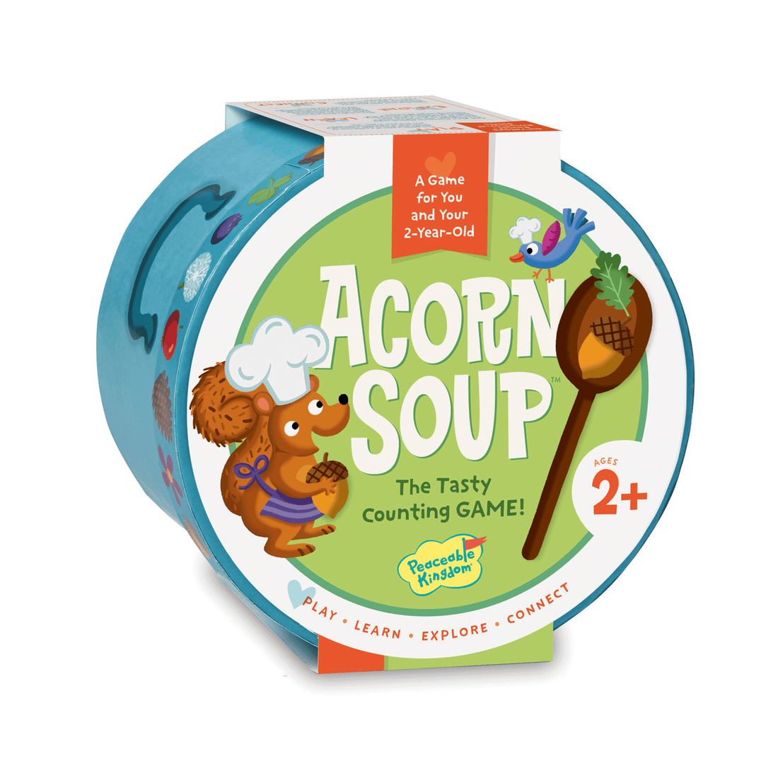 Acorn Soup: The Tasty Counting Game for toddlers with bowl-bottom, wooden ingredients, and spoon.
