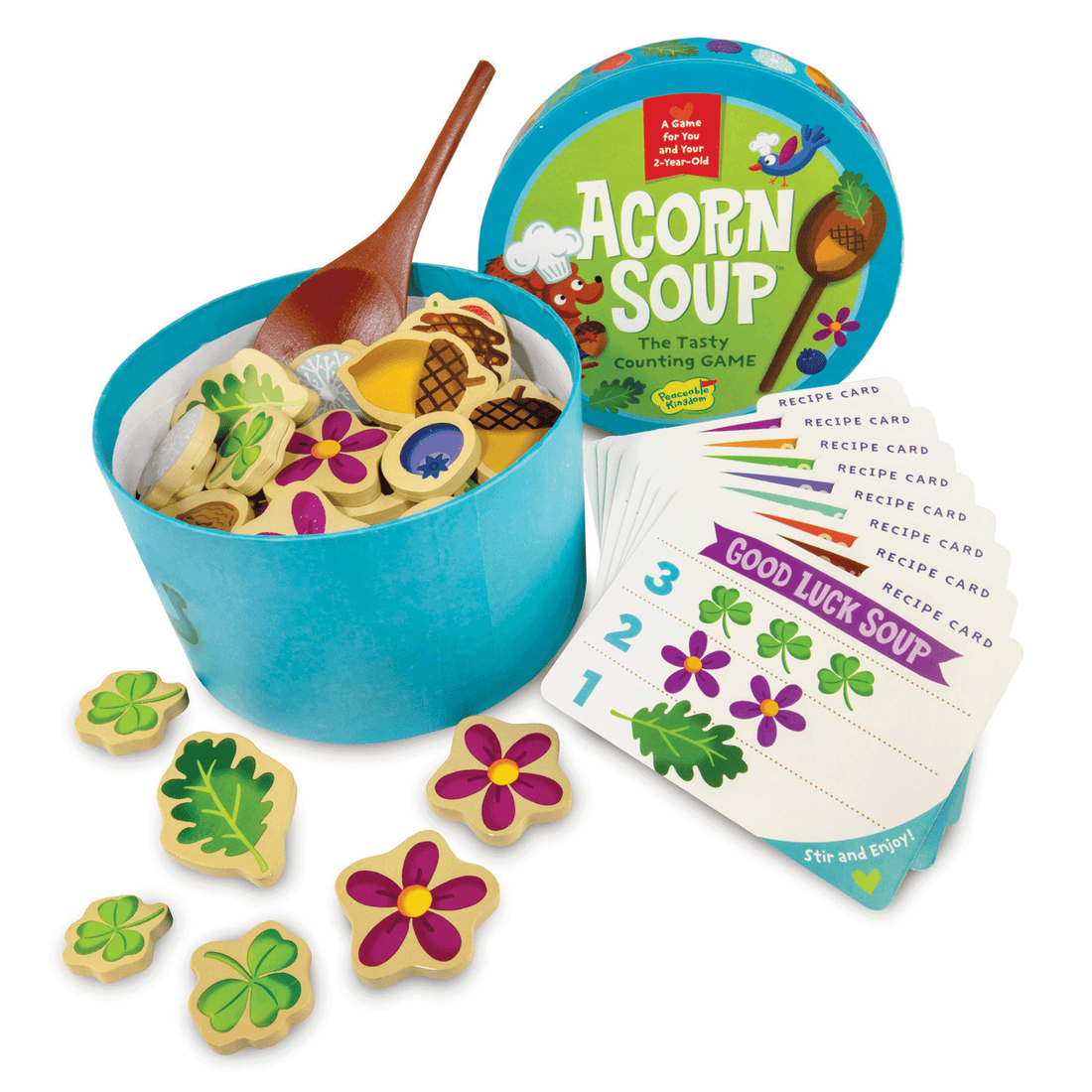 ACORN SOUP: blue round box opened to reveal wooden ingredients, spoon, and recipe cards for a counting game.