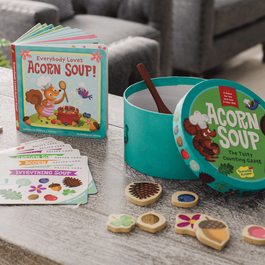 ACORN SOUP counting game with round box-bottom bowl, wooden ingredients, spoon, and recipe cards.