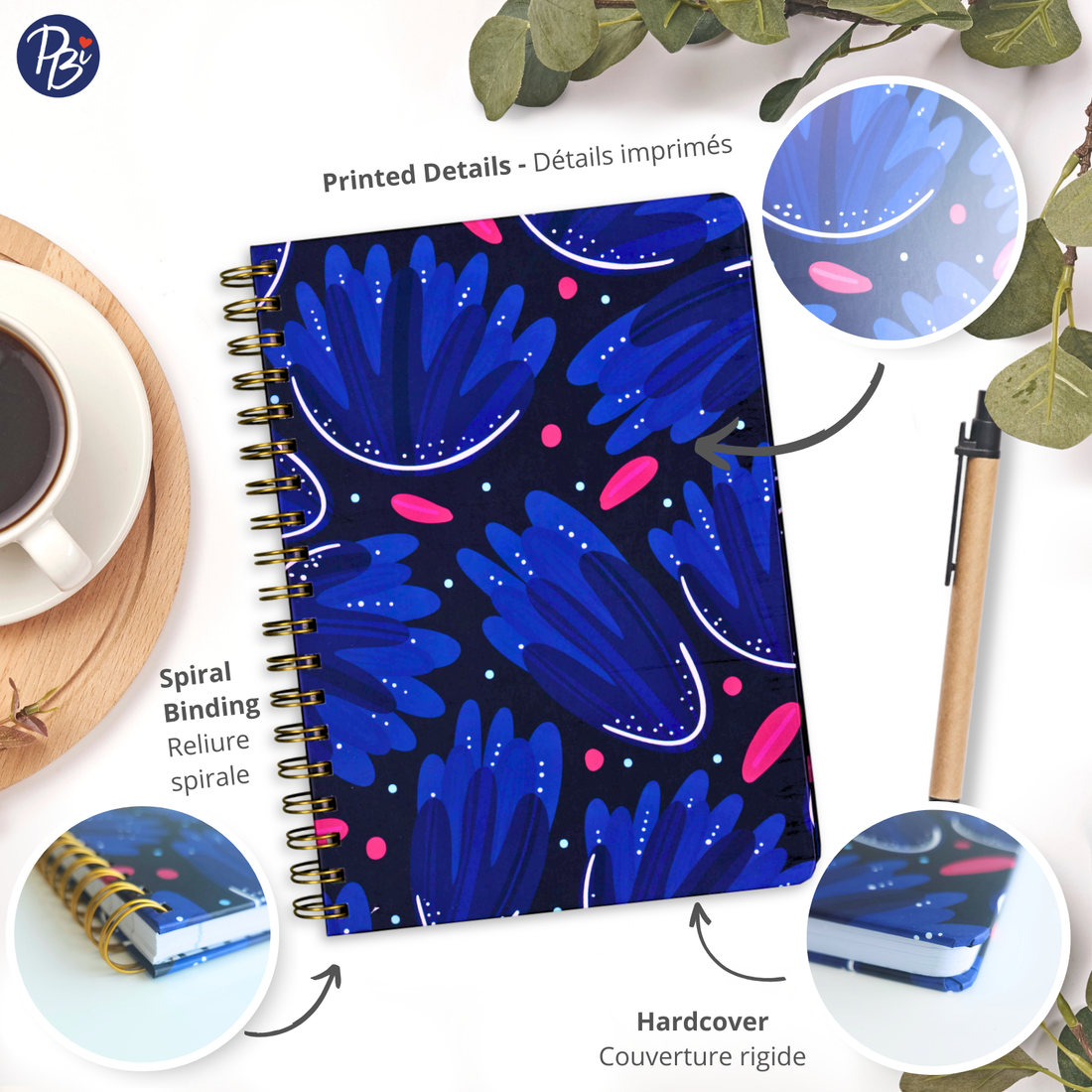 CAHIER DE NOTES - GRAND - FLEURS BLEUES ET ROSES PBI LIVRES NOTES